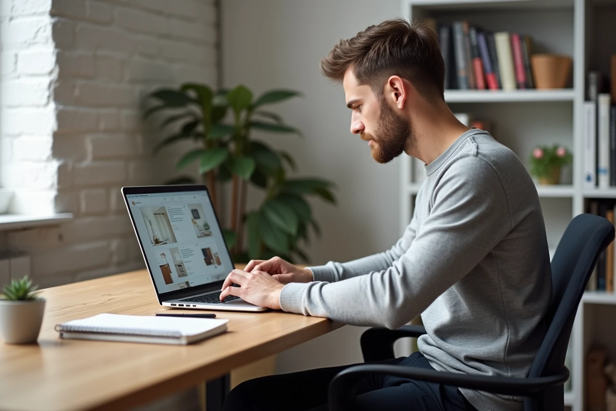 Homme réalisant un test de style déco en ligne sur son ordinateur portable dans un bureau à domicile moderne