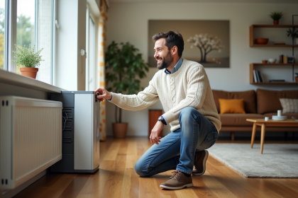 Homme d'âge moyen ajustant le thermostat dans un salon moderne avec pompe à chaleur