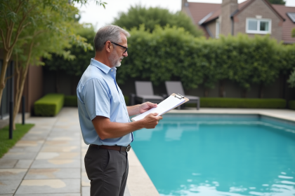 Homme d'âge moyen vérifiant la piscine dans le jardin