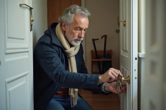 Homme vérifiant une serrure de porte d'entrée