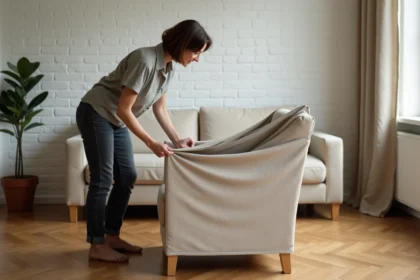 Femme installant une housse extensible sur un fauteuil beige dans un salon moderne aux tons naturels