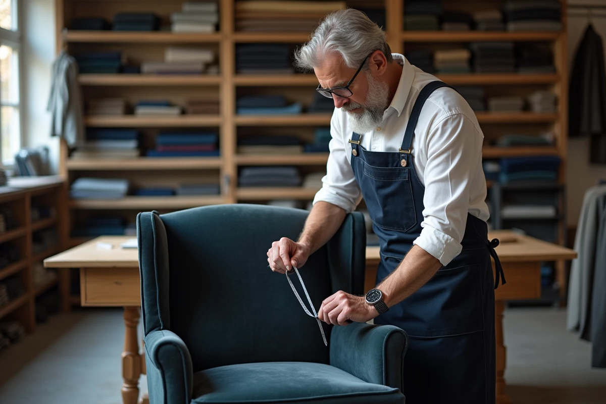 Artisan tailleur ajustant une housse sur mesure en velours sur un fauteuil à oreilles dans un atelier de couture