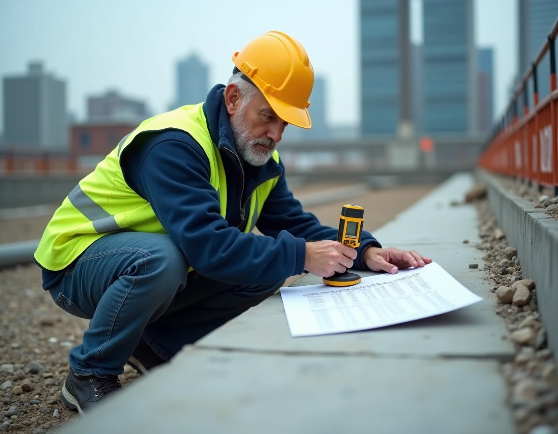 Ingénieur civil mesurant la pente d'une rampe en béton sur un chantier urbain avec un inclinomètre numérique et un tableau de conversion