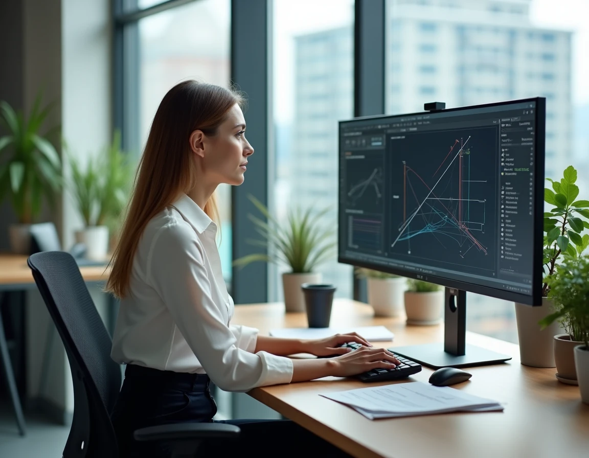 Femme ingénieure utilisant un logiciel de CAO pour convertir des pentes en degrés sur un poste de travail informatique moderne