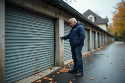 Homme inspectant la porte de son box garage pour évaluer des dommages avant déclaration à l'assurance