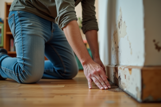 Homme d'âge moyen examinant des dégâts d'eau dans un salon
