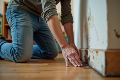Homme d'âge moyen examinant des dégâts d'eau dans un salon