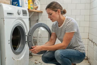 Femme inspectant un lave-linge d'occasion dans une buanderie, évaluant l'état du tambour et du joint de hublot avant achat
