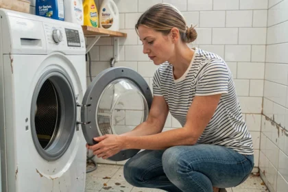 Femme inspectant un lave-linge d'occasion dans une buanderie, évaluant l'état du tambour et du joint de hublot avant achat