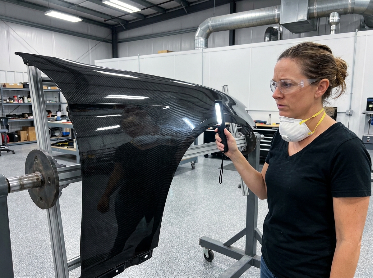 Spécialiste composite inspectant une pièce automobile pour détecter les défauts de top coat et de finition
