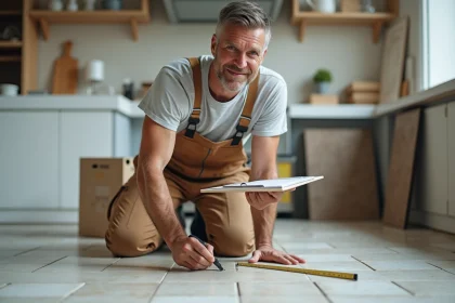 Installateur de carrelage en travail dans une cuisine moderne