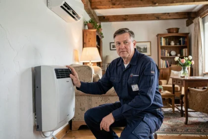Technicien professionnel installant une climatisation dans une maison alsacienne typique du Bas-Rhin