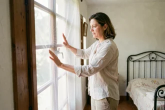 Femme installant une moustiquaire blanche sur une fenêtre en bois dans une chambre de style provençal