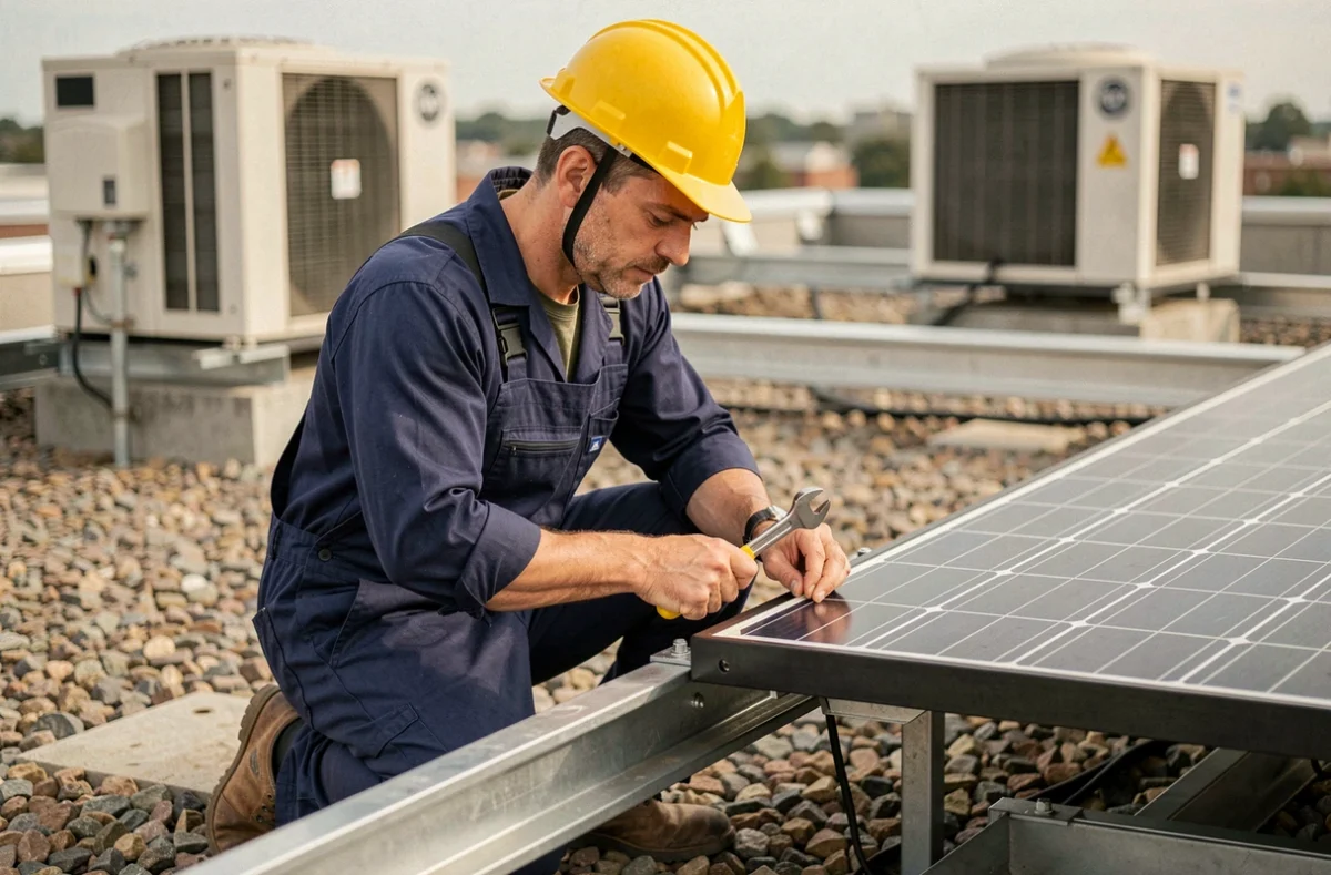 Technicien installant un panneau solaire Antarion sur un toit plat commercial avec système de fixation sur rails