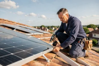 Technicien installant des panneaux solaires photovoltaïques sur le toit d'une maison autonome