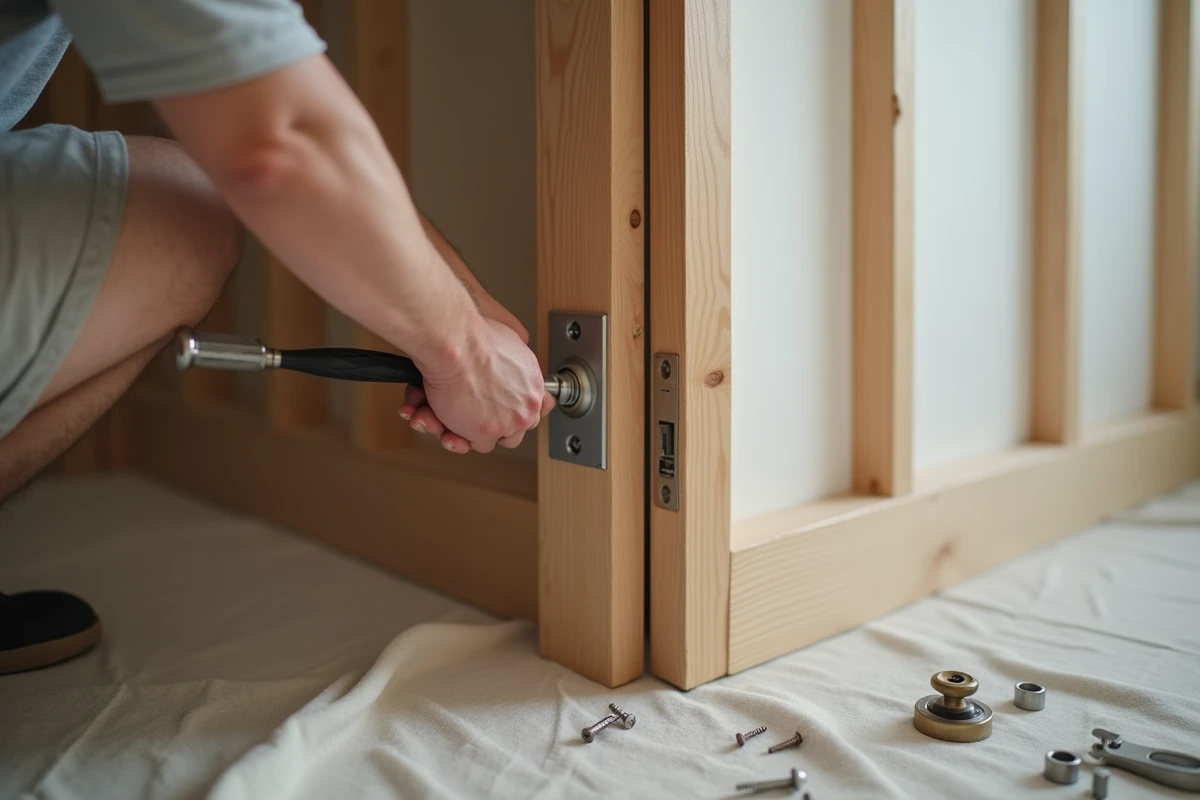 Installation d'un mécanisme de serrure de porte intérieure par un adulte, travaux bricolage à domicile pour sécuriser une chambre d'enfant