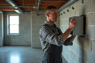 Homme moyenâgeux installant une VMC dans un sous-sol brut