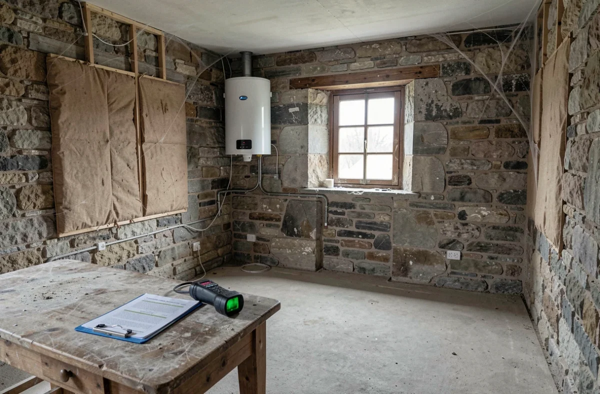 Intérieur de maison ancienne non isolée avec pompe à chaleur installée et matériel de diagnostic énergétique