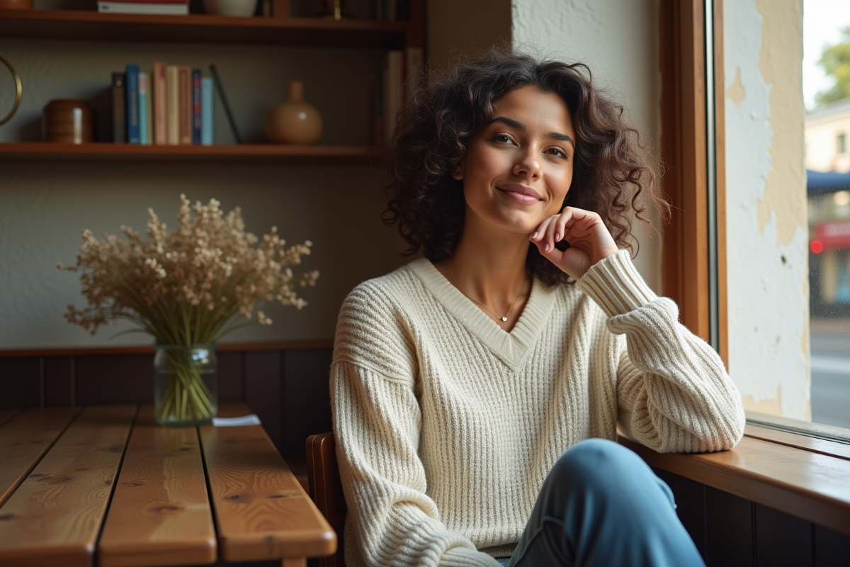 Jeune femme assise près d un café intérieur