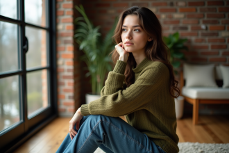 Jeune femme en pull vert olive dans un appartement cosy