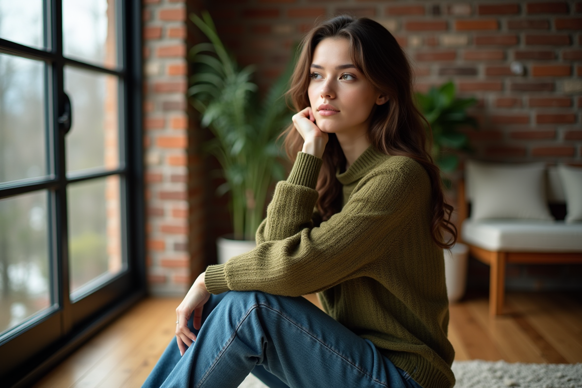 Jeune femme en pull vert olive dans un appartement cosy