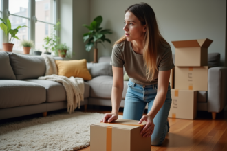 Jeune femme emballant une boxe dans un appartement cosy