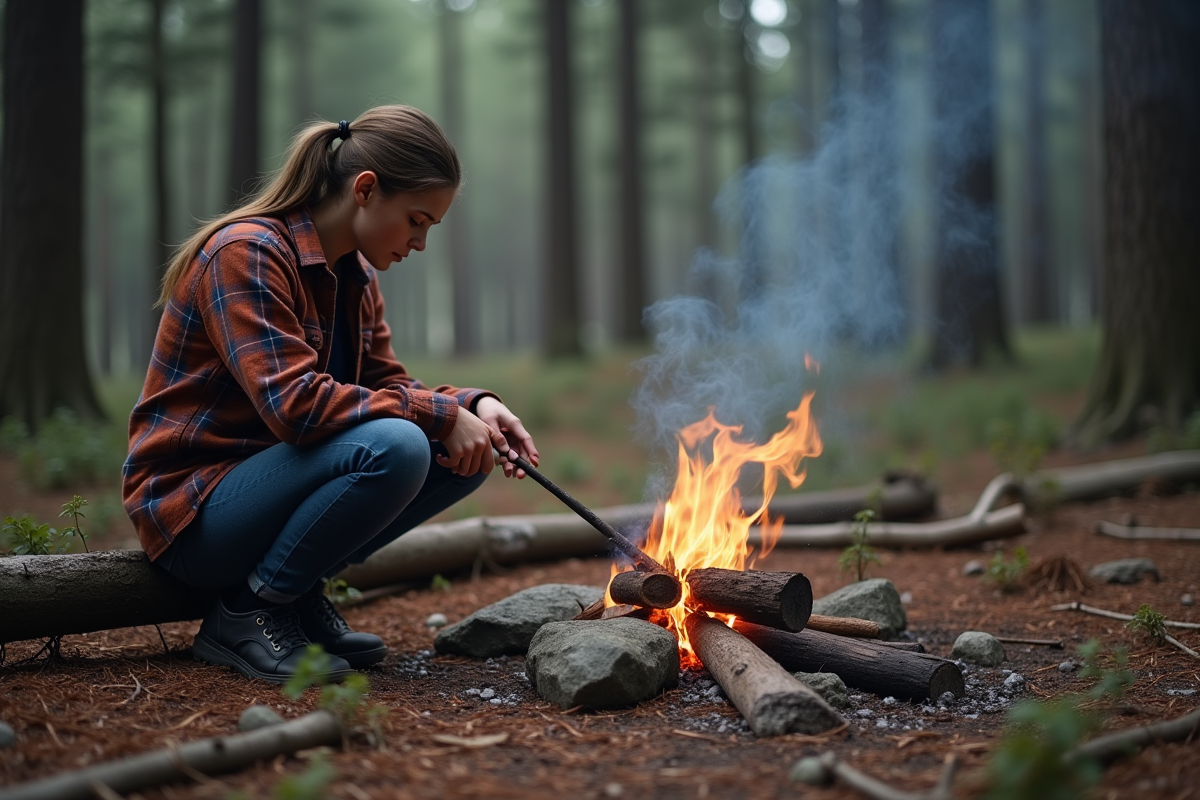 Jeune femme en jeans et flanelle surveillant un petit feu en forêt de pins