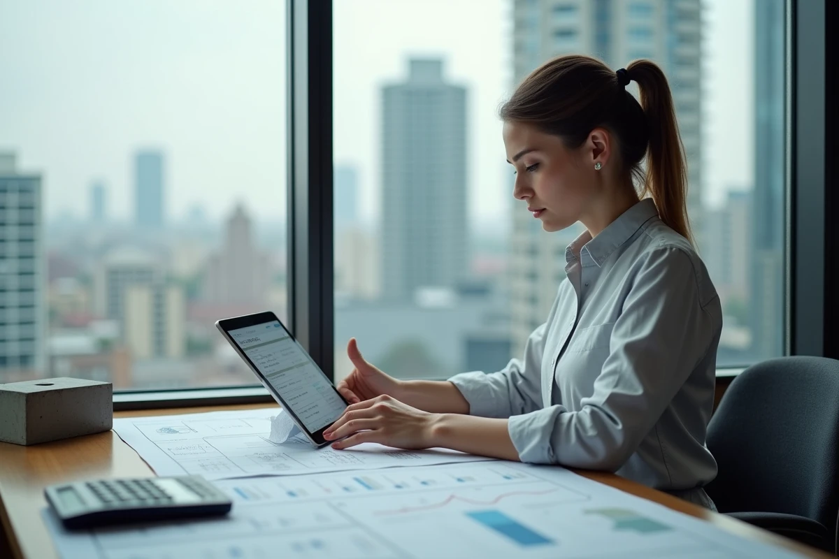 Jeune femme gestionnaire analysant un devis sur une tablette dans un bureau moderne