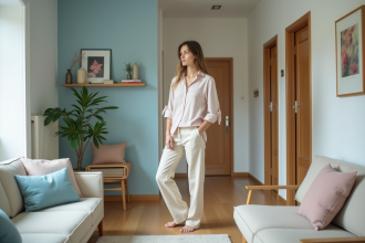Jeune femme dans un salon lumineux touche un vase décoratif
