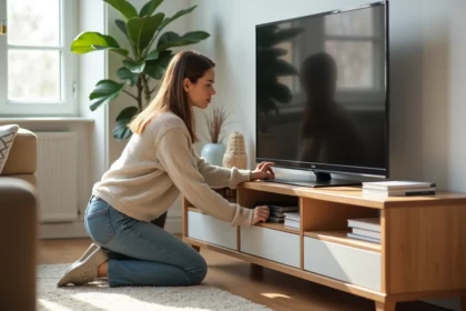Jeune femme arrangeant livres dans un salon moderne lumineux