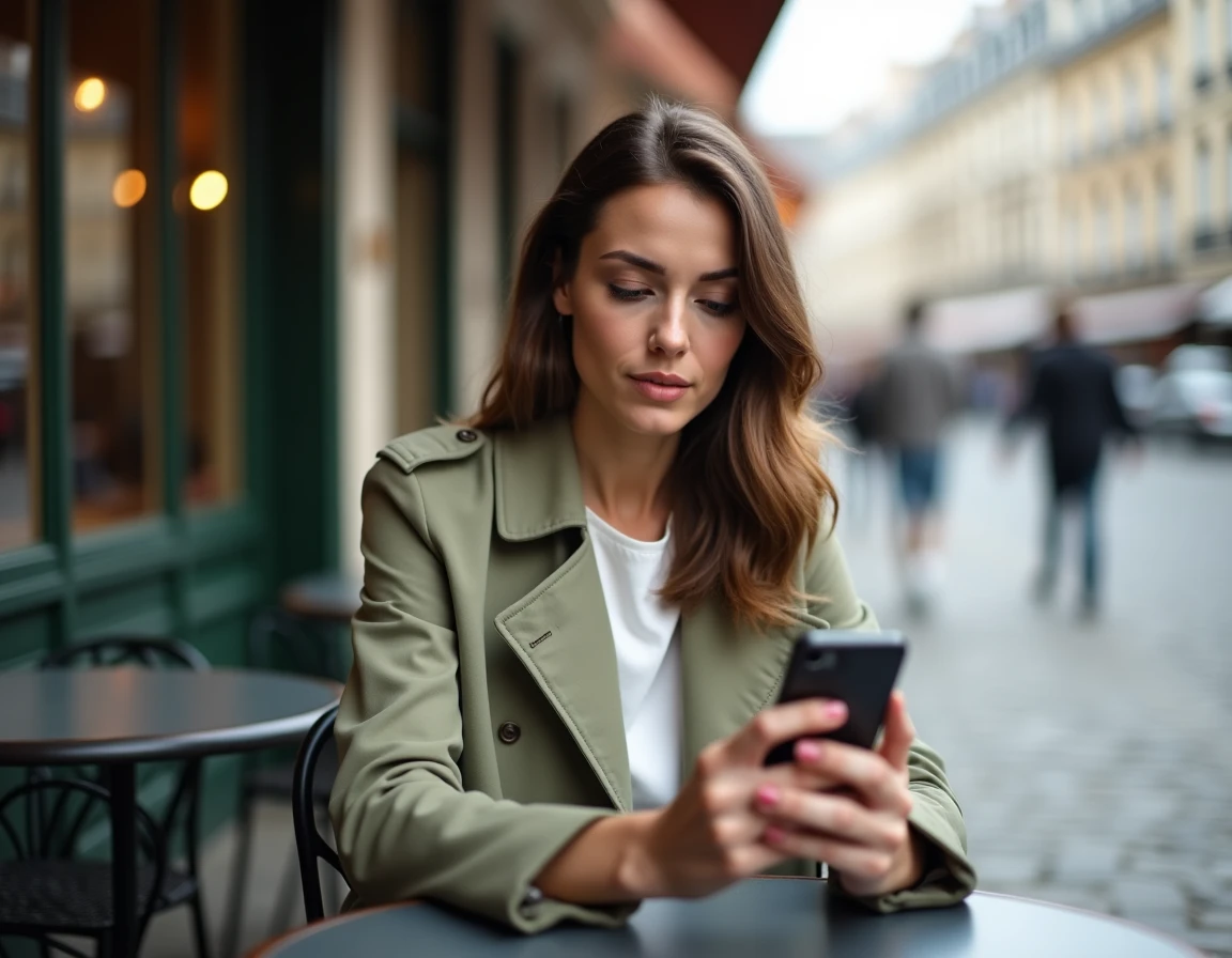 Jeune femme lisant un site d'informations sur son smartphone en terrasse de café parisien