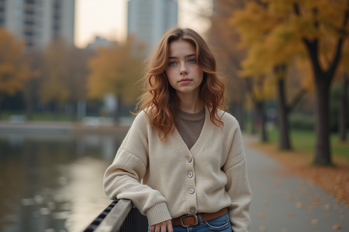 Adolescente avec cheveux ondules regardant le parc urbain