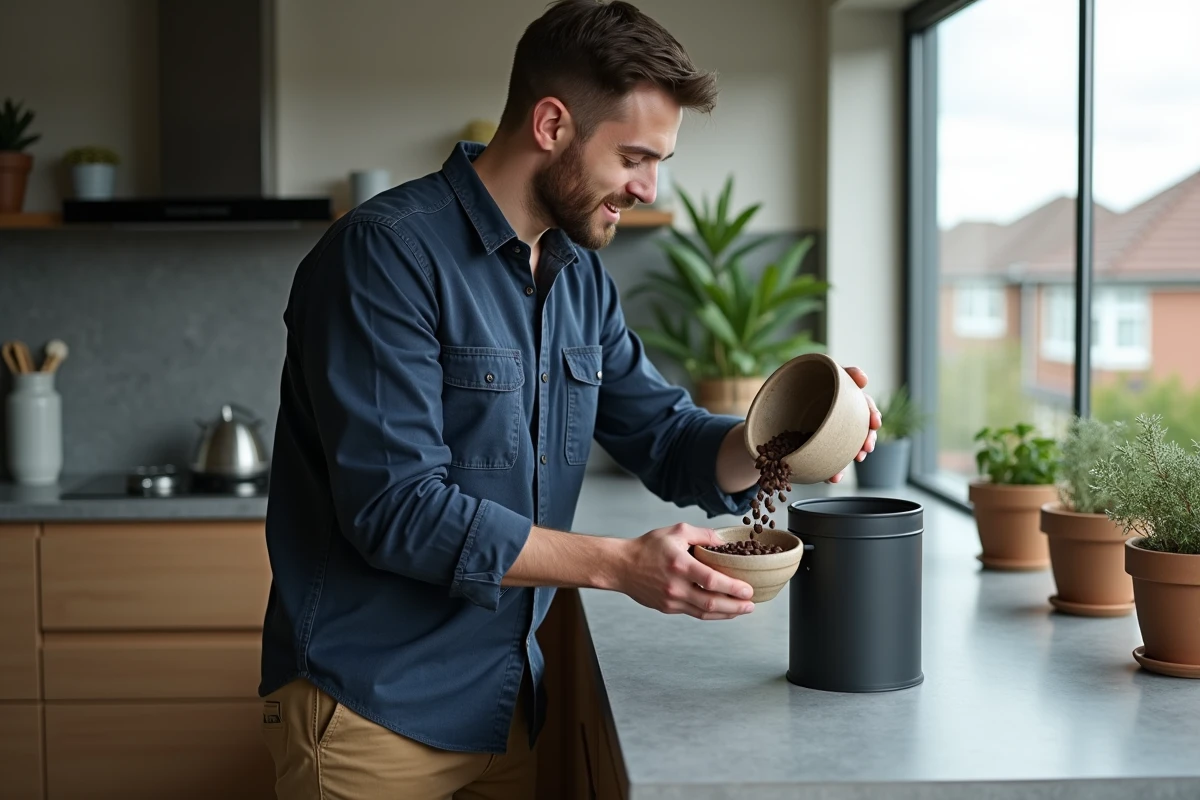 Jeune homme versant des grains de cafe dans compost interieur