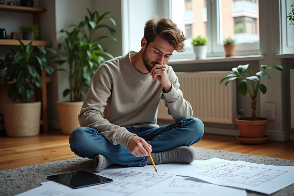 Jeune homme dessinant un plan Kazaplan dans son salon