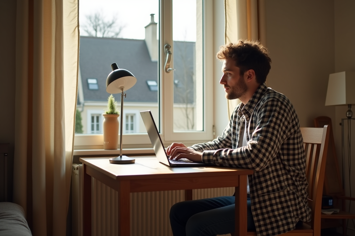 Jeune homme travaillant dans un appartement lumineux