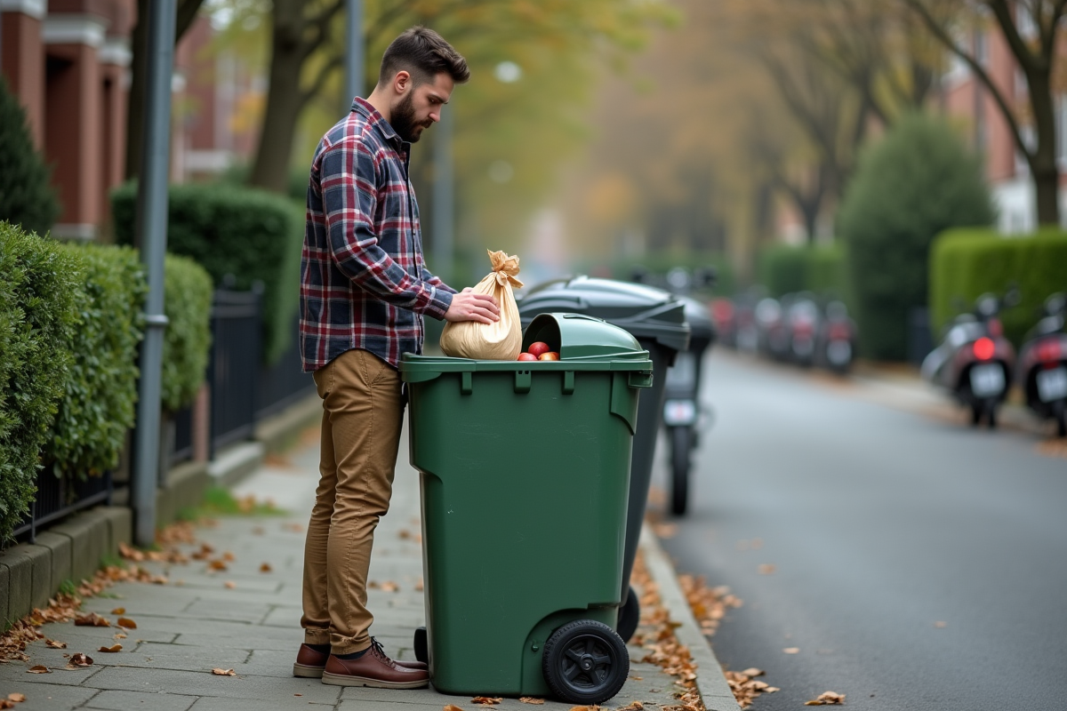 Jeune homme dépose sac de pommes pourries en ville