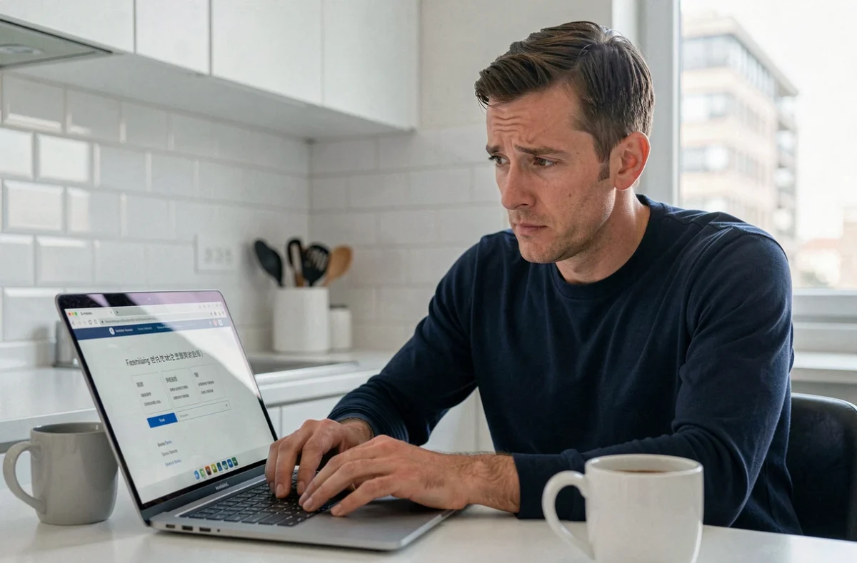 Homme consultant un justificatif de domicile en ligne sur son ordinateur portable dans une cuisine moderne