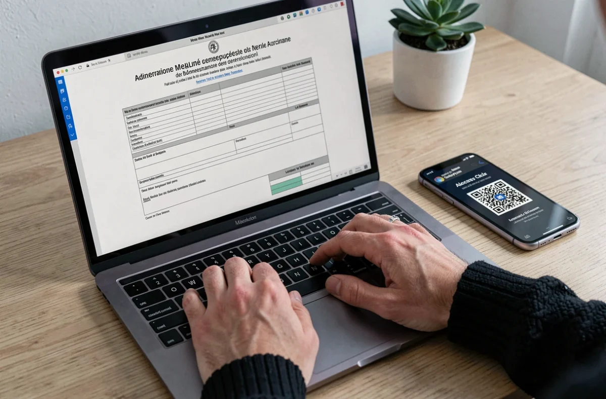 Gros plan sur un justificatif de domicile numérique affiché sur ordinateur avec vérification par smartphone