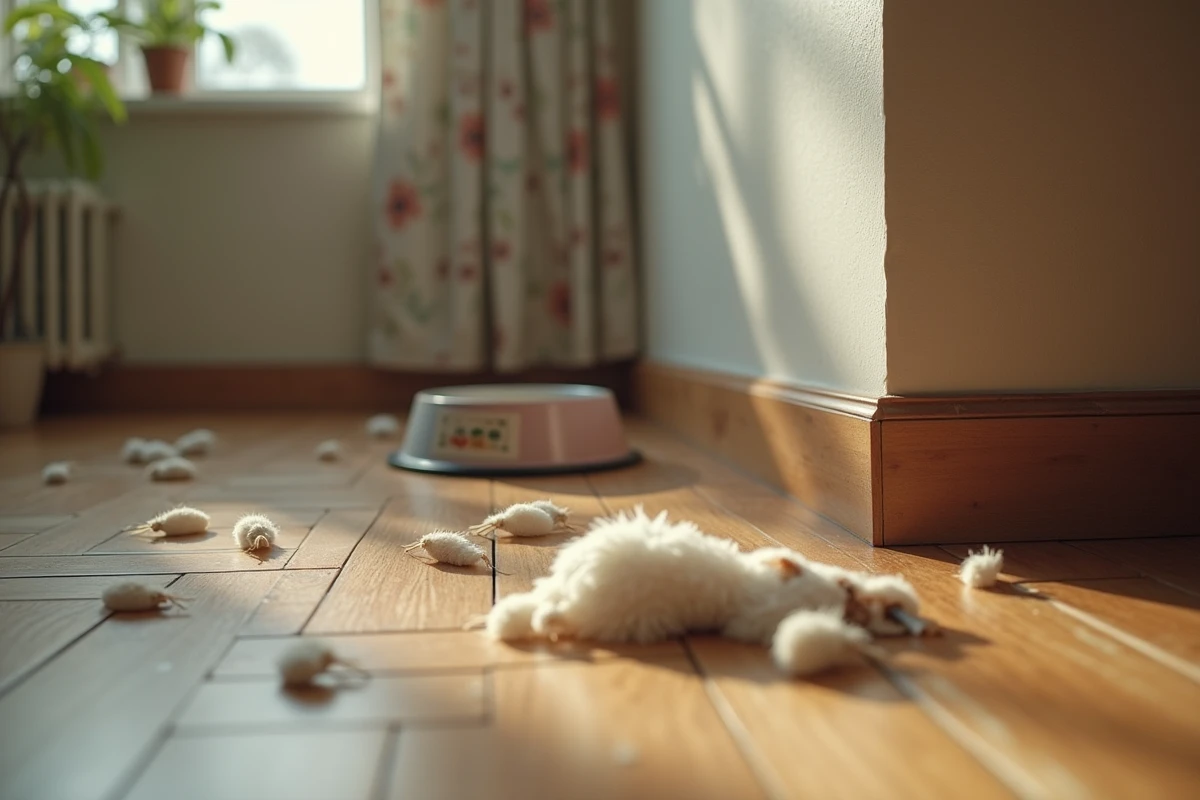 Coin d’un salon avec larves près d’un bol pour animal et de la fourrure