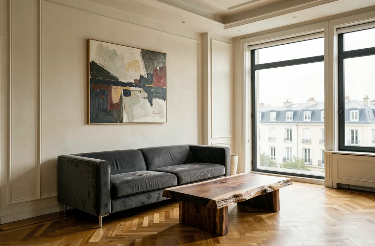 Salon contemporain réalisé par Laurent Cayron, architecte d'intérieur à Boulogne-Billancourt, avec canapé en velours et table en noyer