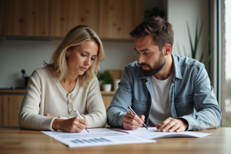 Femme et homme lisant des documents de location à la maison