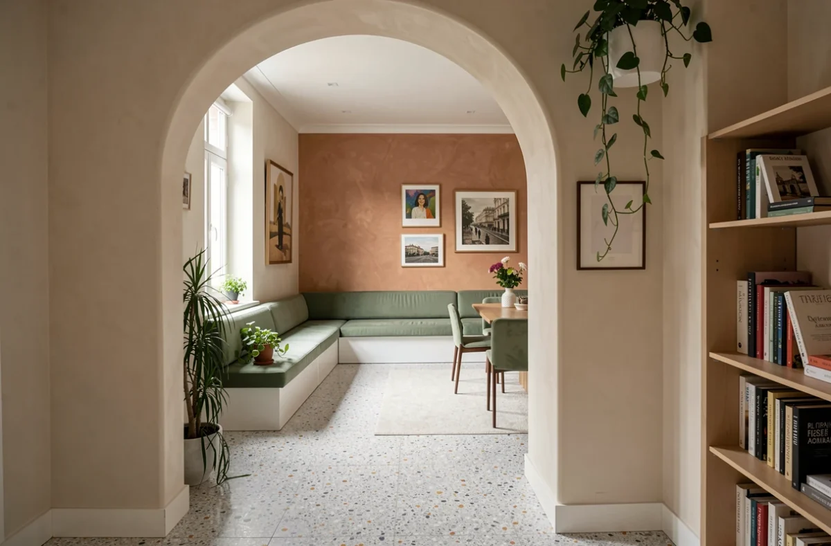 Appartement entièrement rénové par Li.Or, agence de rénovation en Île-de-France, avec sol en terrazzo, arche en plâtre et salon en enduit argile