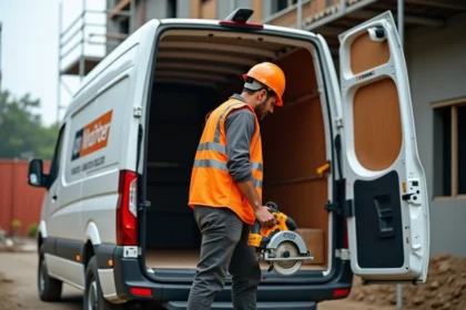 Ouvrier chargeant des outils de chantier dans un van de livraison express sur un chantier urbain