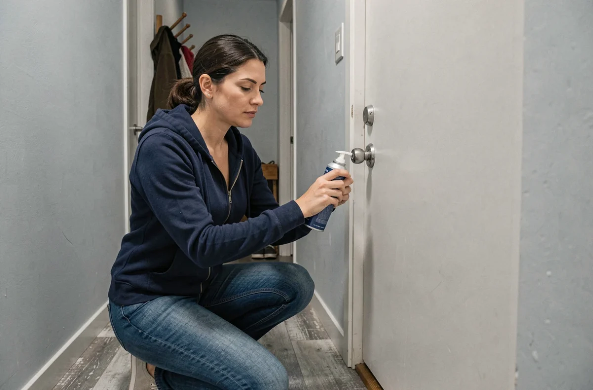 Femme appliquant un lubrifiant sur une serrure de porte intérieure bloquée dans un appartement, astuce avant d'appeler un serrurier
