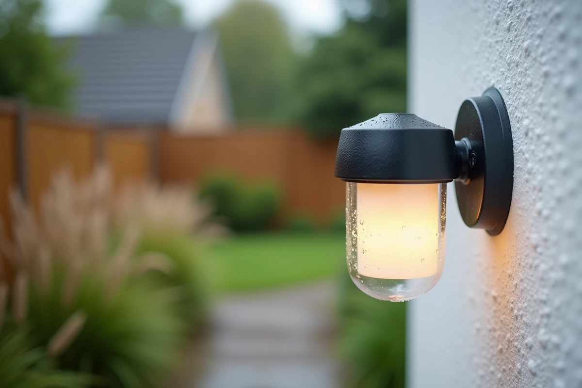 Luminaire mural extérieur IP44 avec gouttes d'eau sur boîtier étanche, monté sur mur de jardin blanc