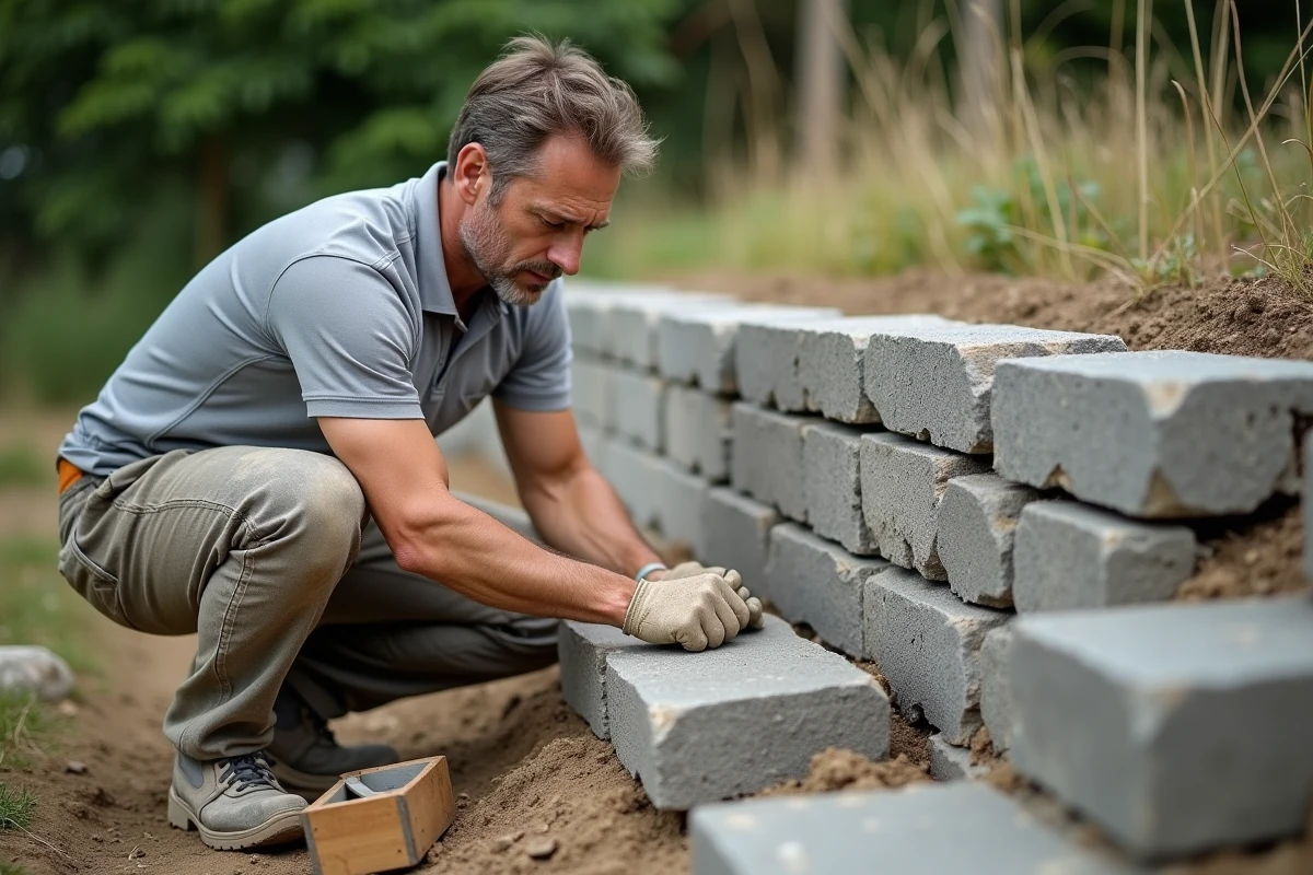 Maçon inspectant la première assise de pierres sur une fondation de mur de clôture en moellons et béton