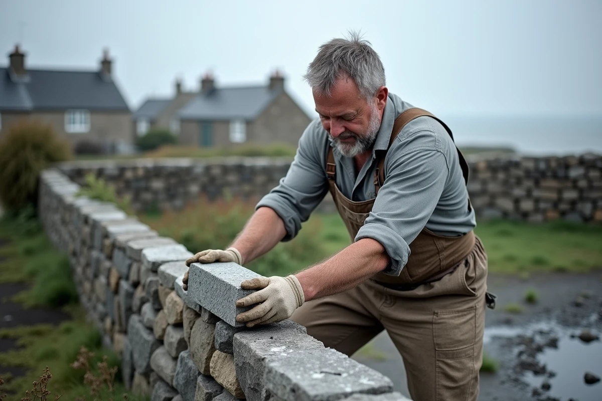 Maçon posant un bloc de granit sur un mur de moellon en Bretagne, avec paysage côtier typique en arrière-plan