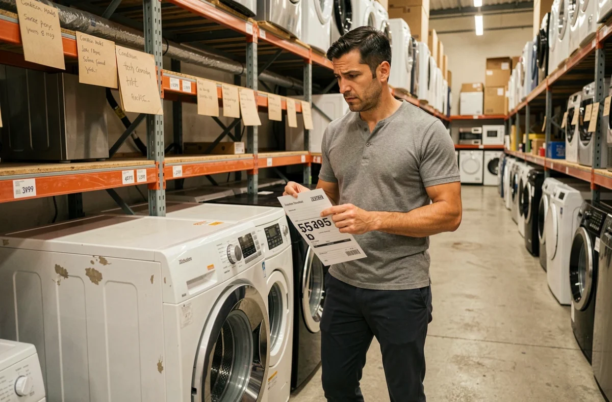 Homme comparant le prix et l'état d'un lave-linge reconditionné dans un magasin d'électroménager d'occasion
