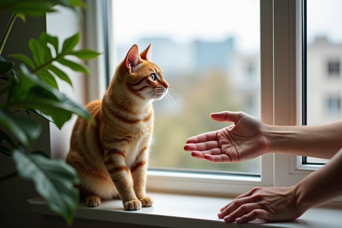 Main douce réconfortant un chat roux sur une fenêtre en ville