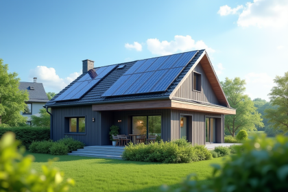 Maison moderne avec panneaux solaires sur le toit en plein jour